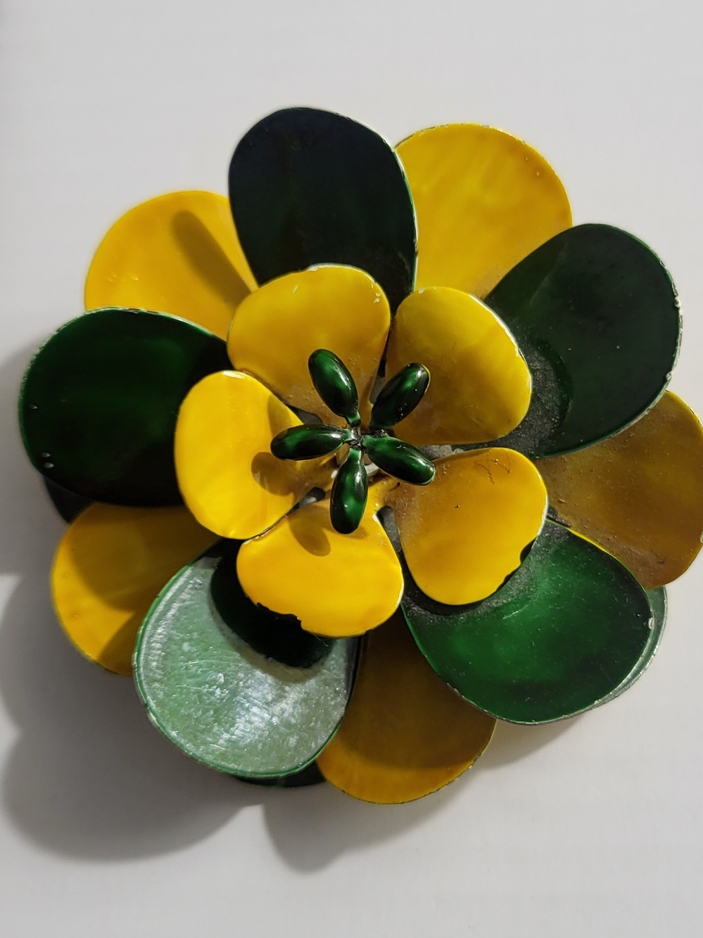 Vintage Midcentury Yellow & Green Enamel Flower Brooch